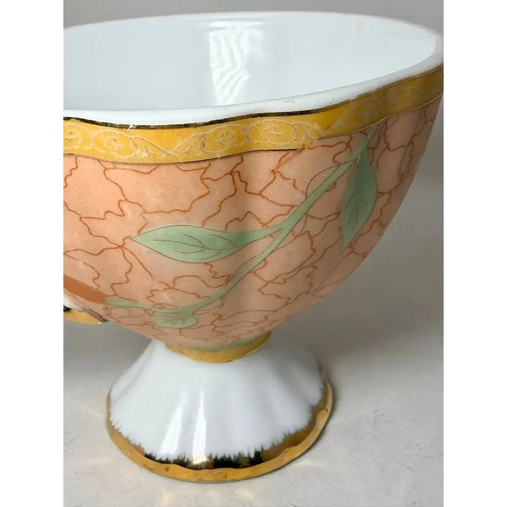 Vintage Yamasen Japan 24K Gold Plated Peach Floral Porcelain Tea Cup & Saucer